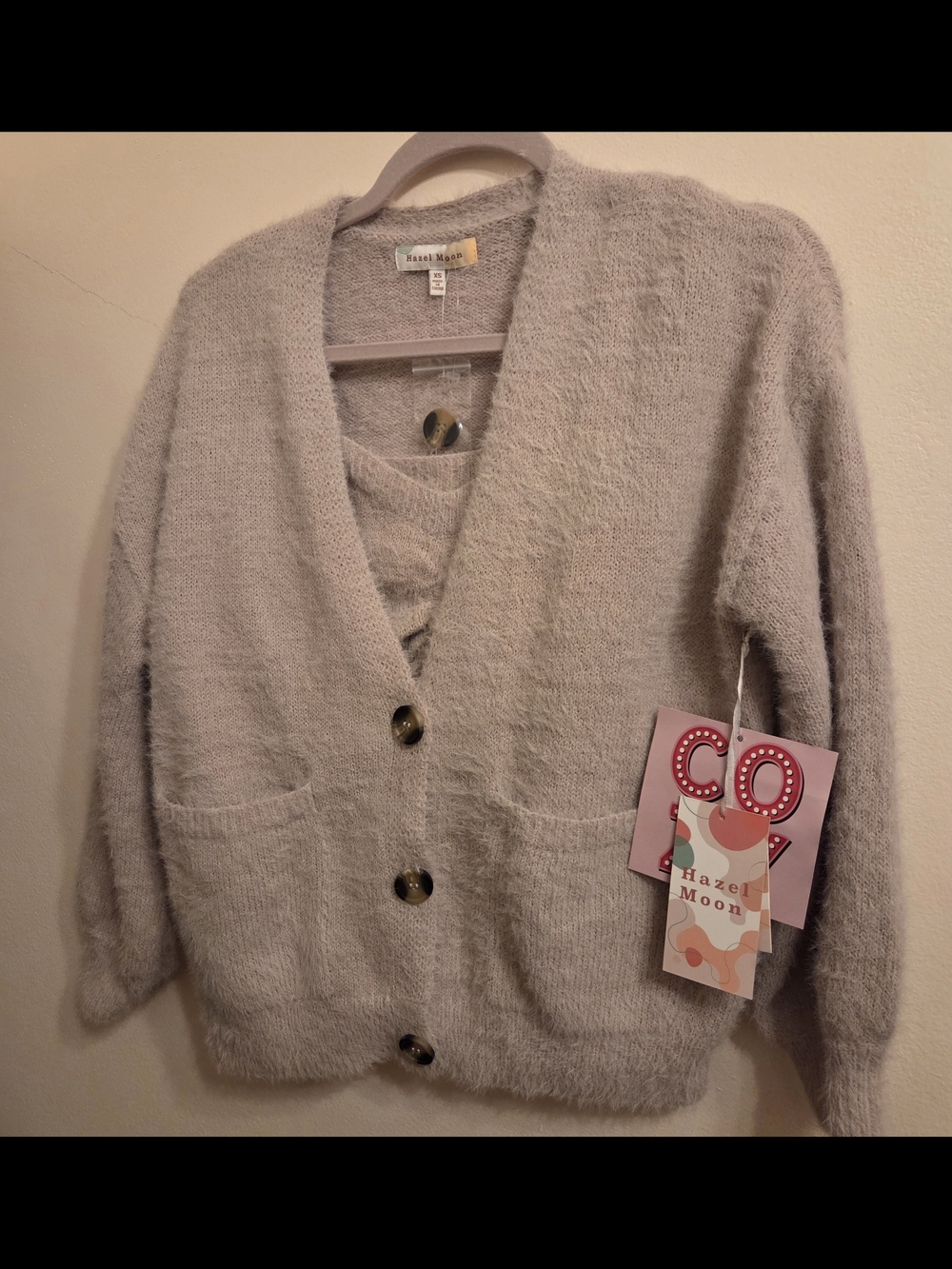 NWT Hazel Moon Plush Beige Cardigan & Ruched Crop Top-twin set, xs